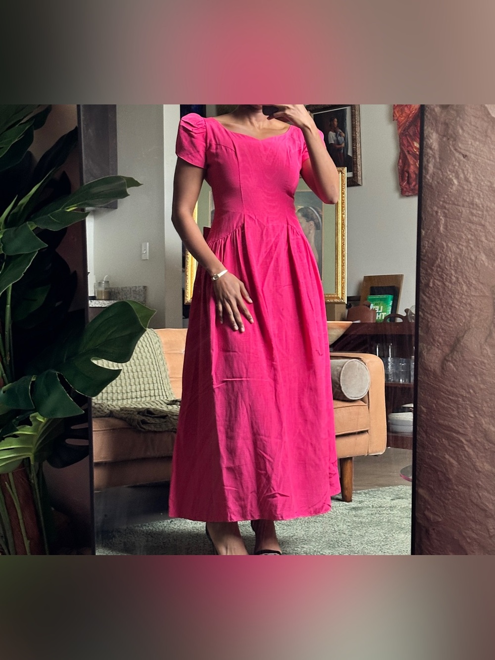 VTG 80s Pink Puff Sleeve Layered Maxi Dress Bow Back Picnic Cottagecore, 11
